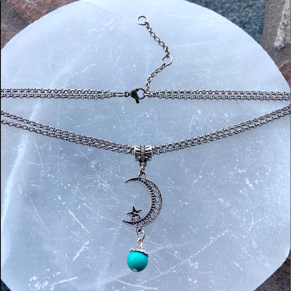 Stainless steel double chain moon star & turquoise - Picture 8 of 9